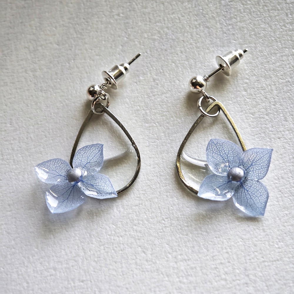 Real Hydrangea Teardrop Earrings, Pressed Blue Flower Dangle Studs, Botanical Gift for Her