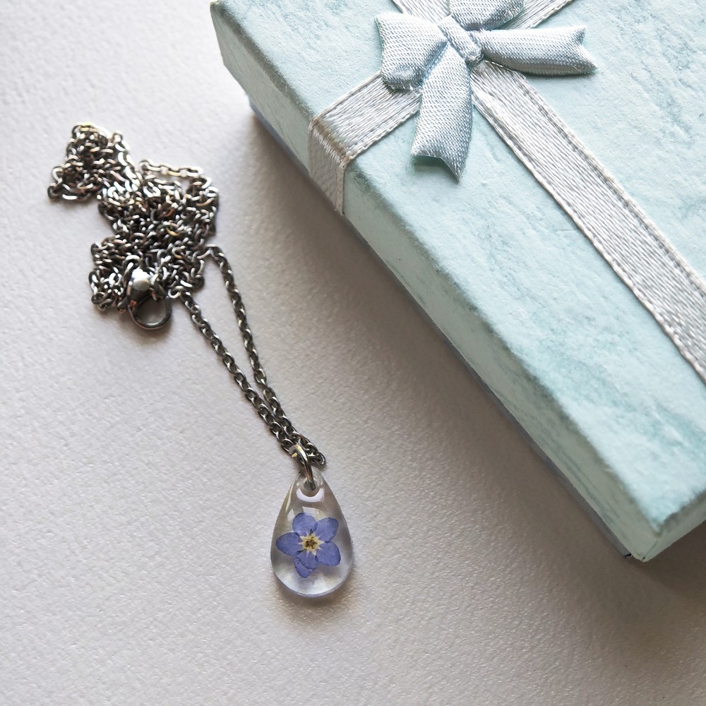Forget Me Not Necklace, Real Flower Resin Pendant, Dainty Memorial Gift for Her
