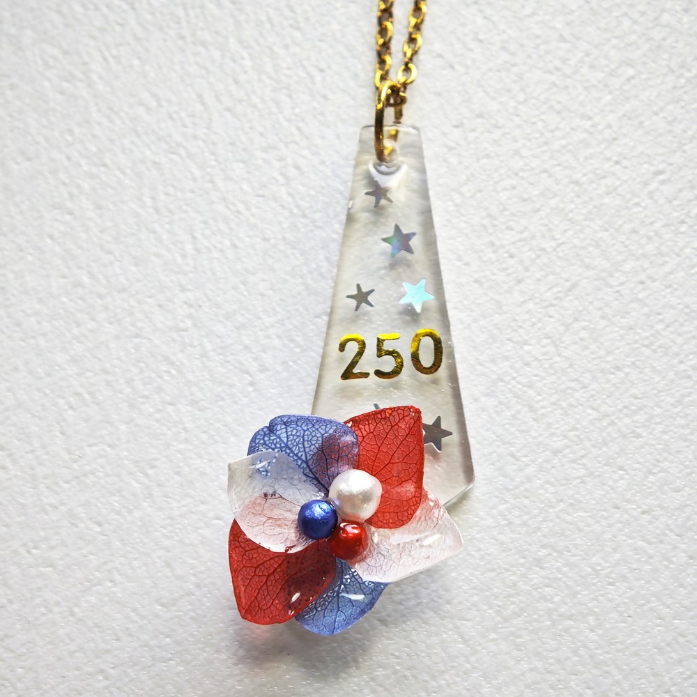 USA 250 Semi-Quincentennial Necklace, America 250 Birthday Gift, Red White and Blue Patriotic Jewelry, 4th of July Resin Pendant US History