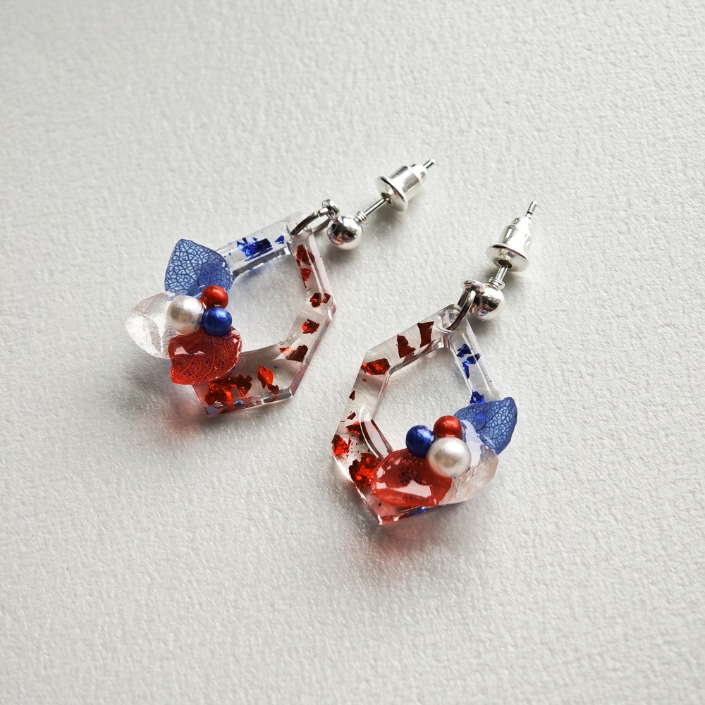 4th of July Earrings, Red White Blue Studs, Patriotic Flower Gift, Stainless Steel Resin Jewelry