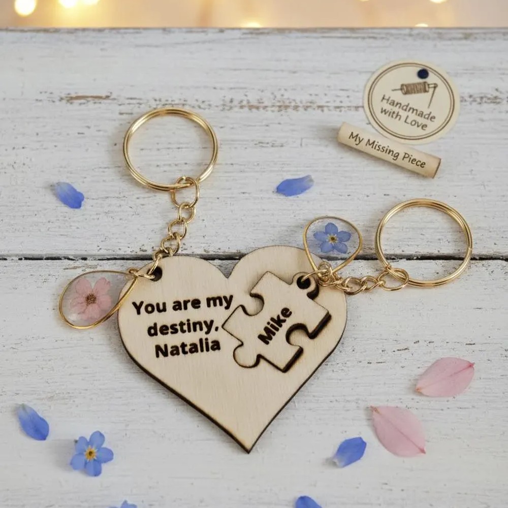 Personalized Forget-Me-Not & Pink Daffodil Heart Puzzle Keychain Set, Birch Wood Anniversary Gif