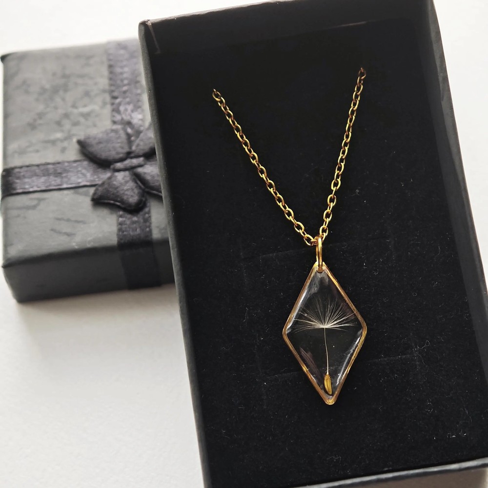 Real Dandelion Seed Necklace — Botanical Resin Pendant in Rhombus Frame — Minimalist Nature Lover Gift — Make a Wish Jewelry