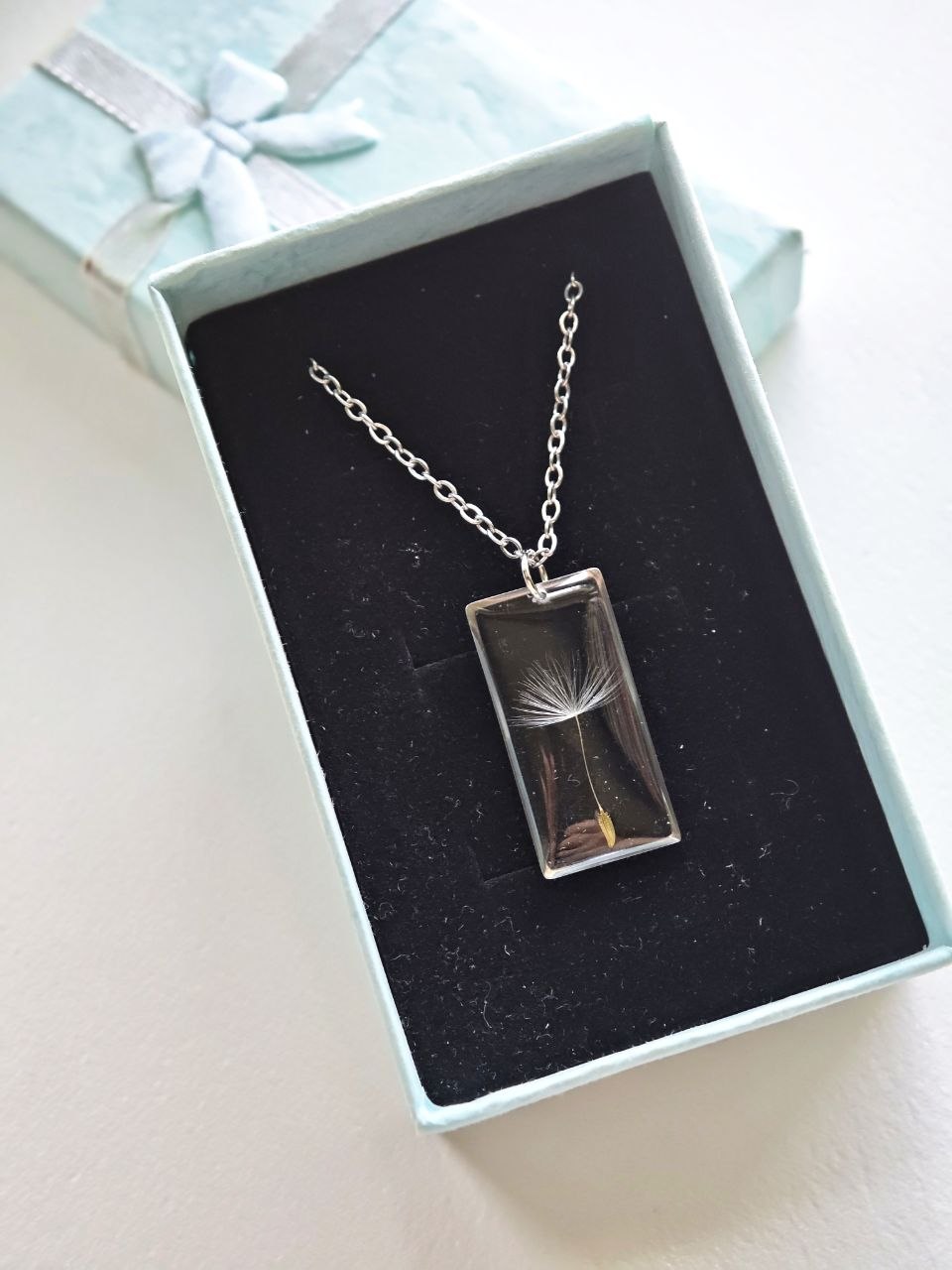 Real Dandelion Seed Necklace, Rectangle Resin Wish Pendant, Stainless Steel Chain, Make a Wish Botanical Jewelry Gift for Her