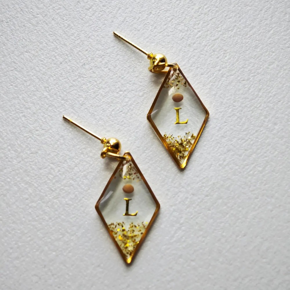 Custom Initial Earrings, Mustard Seed Dangles, Gold Letter Monogram, Personalized Name Studs, Birthday Gift for Her
