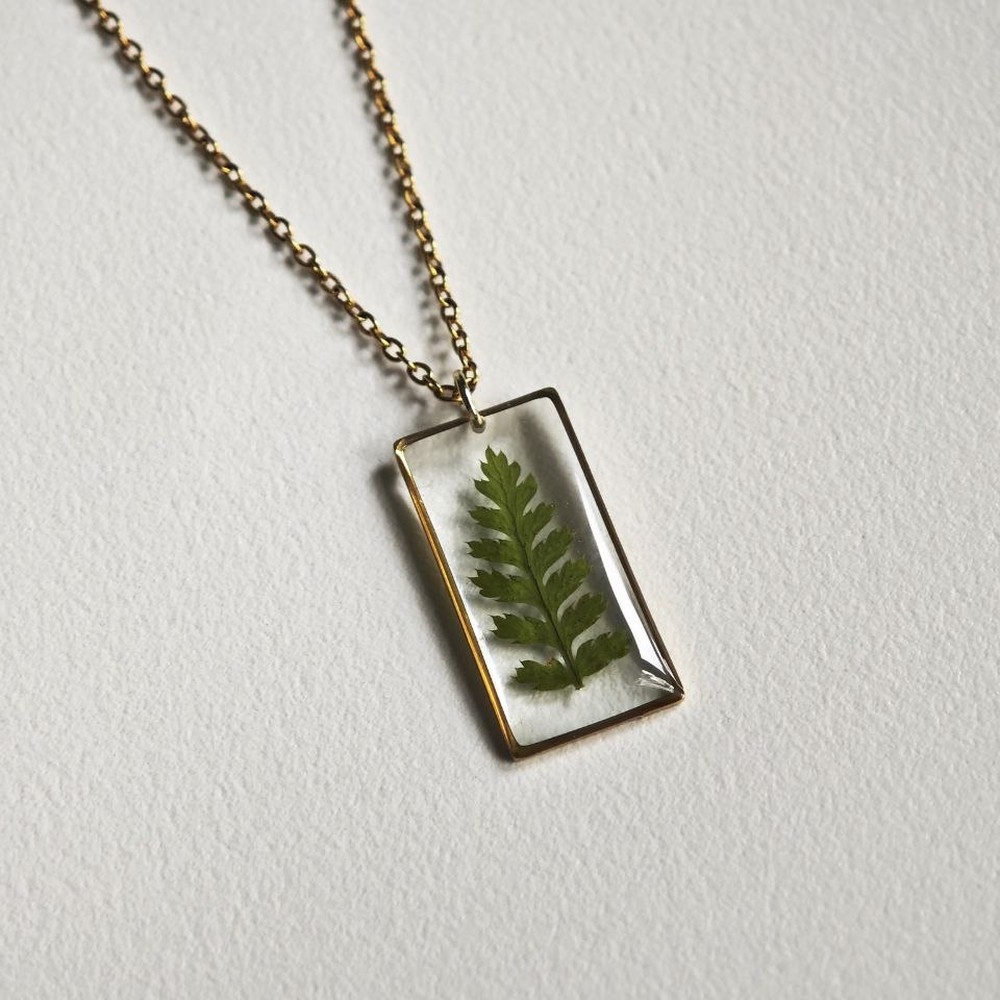 Real Fern Necklace Nature Lover Gift for Her, Botanical Rectangle Pendant, Minimalist Fern Leaf, Gift for Mom and Best Friend