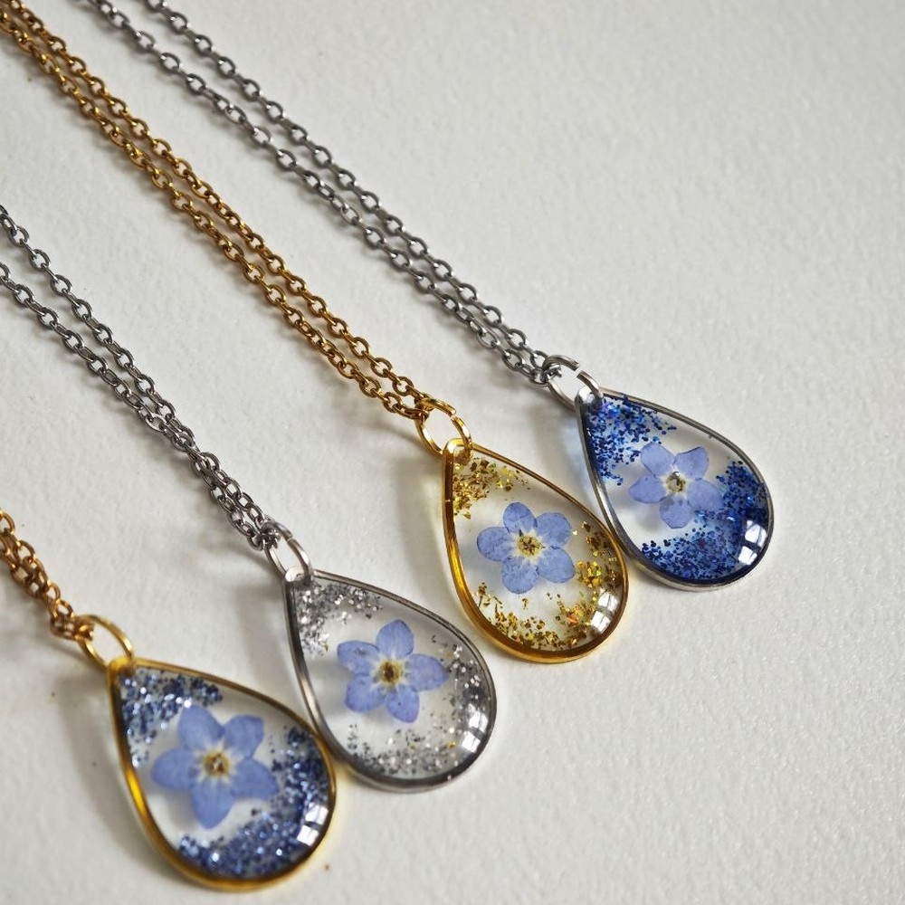 Forget-Me-Not Necklace for Her, Real Pressed Flower Teardrop Pendant, Meaningful Gift for Mom