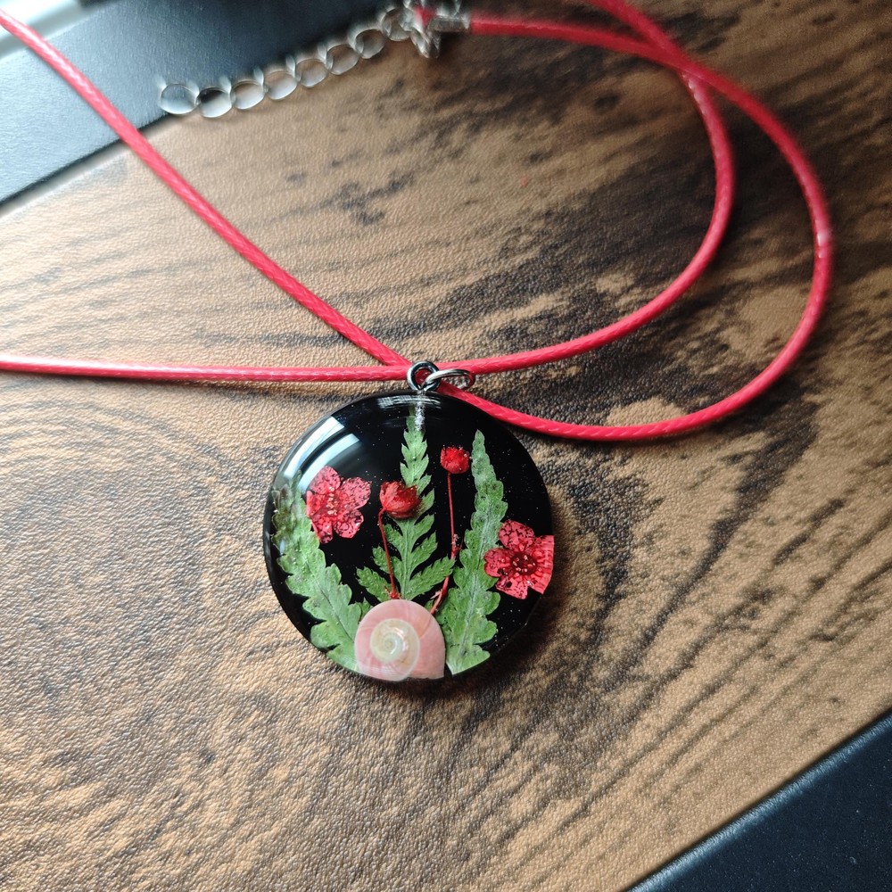 Red Floral & Fern Necklace, Forest Snail Shell Pendant