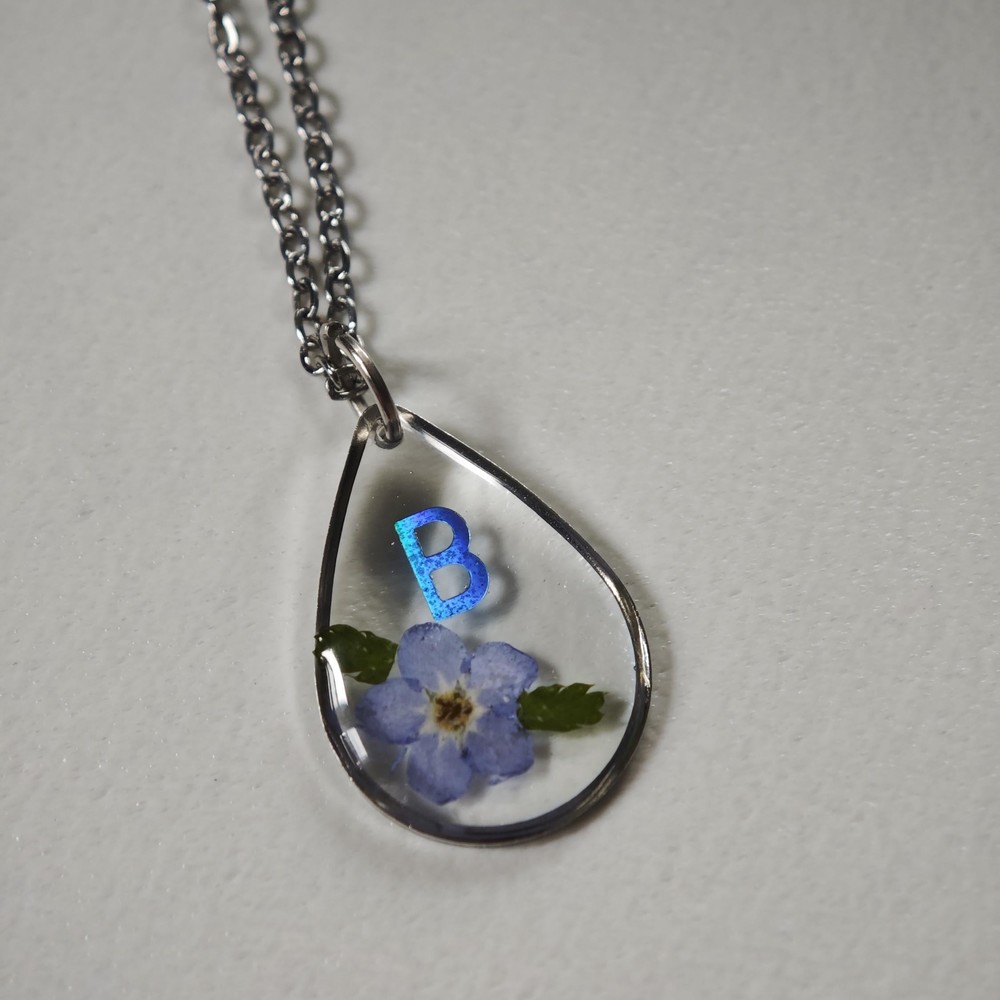 Personalized Forget-Me-Not Necklace, Real Flower Initial Pendant, Custom Letter Teardrop Jewelry