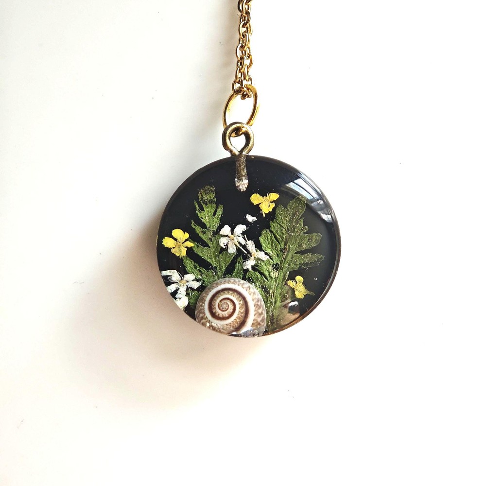 Tiny Snail Shell & Fern Necklace, Gold Botanical Resin Jewelry, Nature Gift