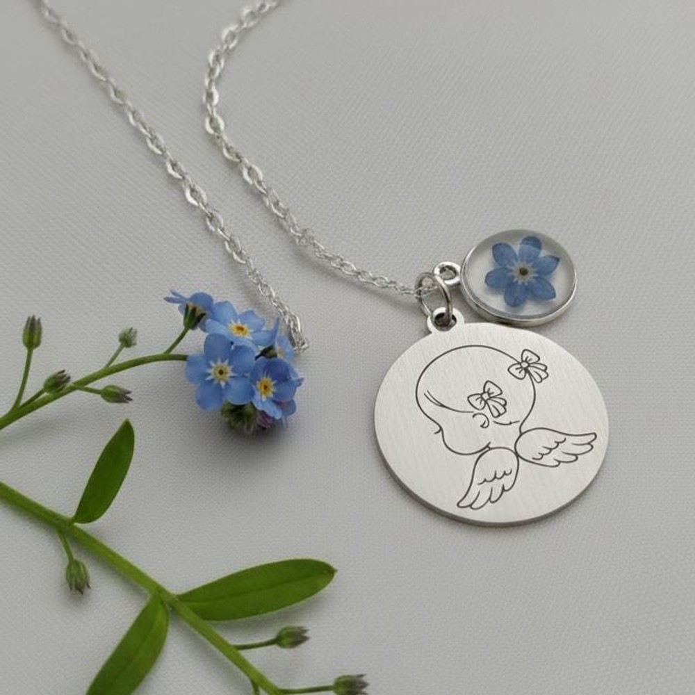 Personalized Baby Loss Memorial Necklace, Angel Wings and Forget-Me-Not Jewelry