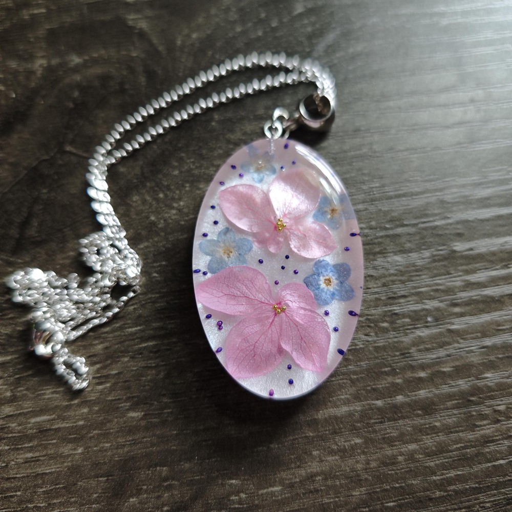 Hydrangea Resin Pendant Necklace, Real Flower Botanical Jewelry