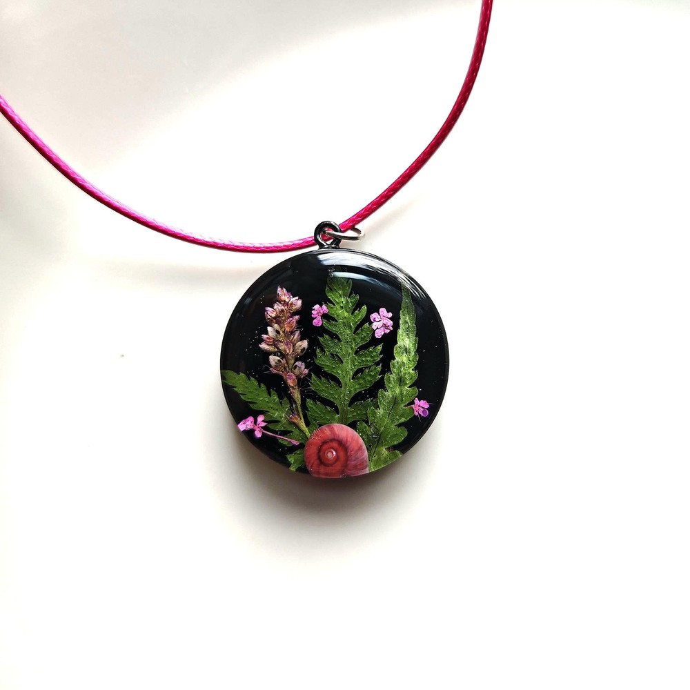 Forest Snail & Fern Necklace, Botanical Resin Pendant, Nature Inspired Jewelry
