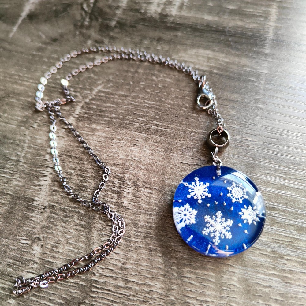 Snowflake Resin Necklace, Blue Winter Jewelry, Valentine's Day Gift