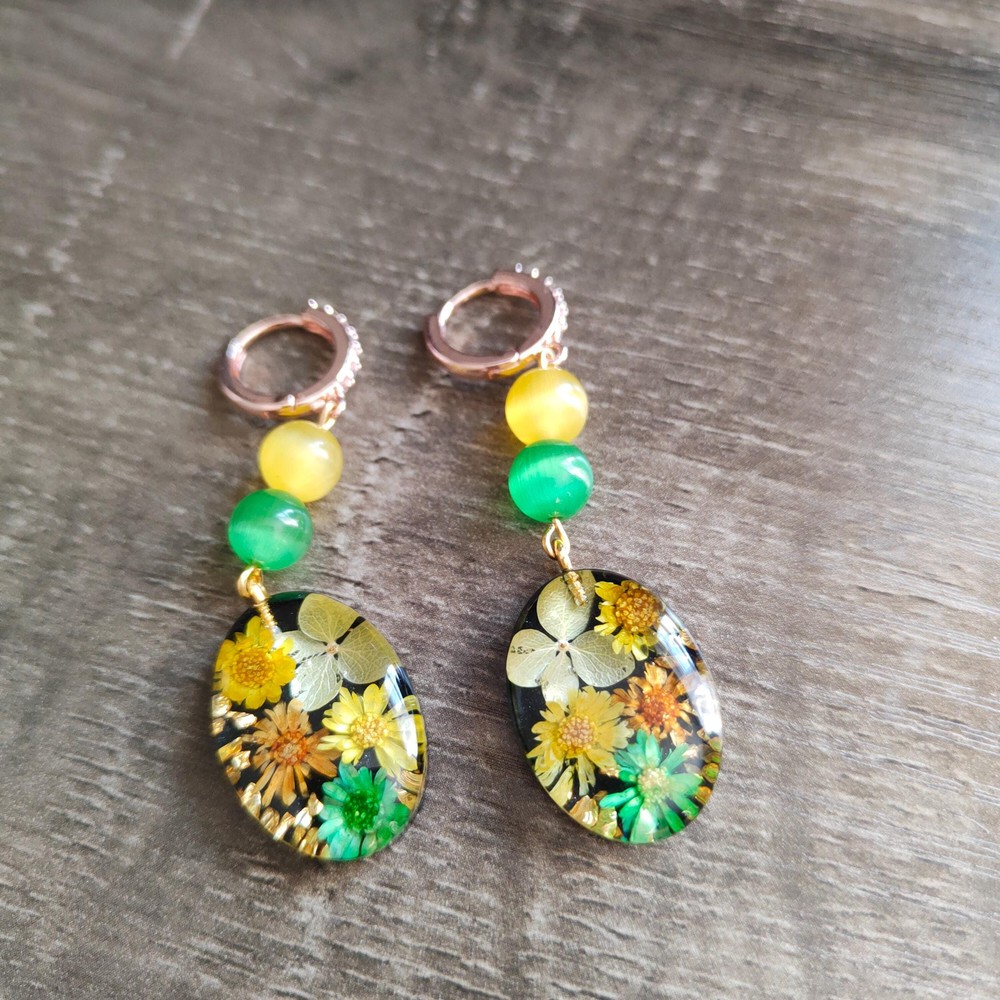 Resin Earrings with Real Yellow and Green Flowers, Handmade Botanical Jewelry