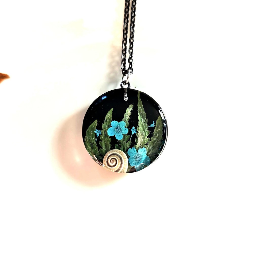 Blue Flower & Fern Necklace, Forest Snail Shell Pendant, Botanical Resin Jewelry
