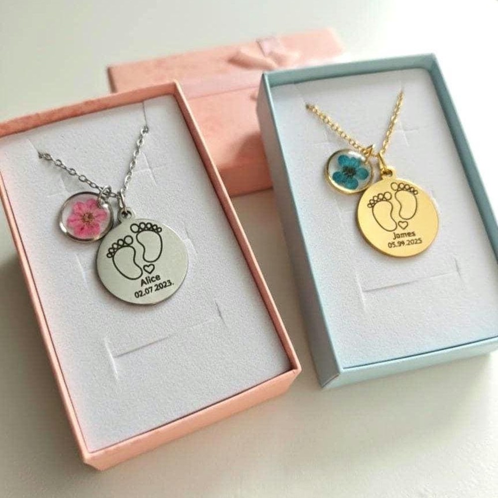 Personalized Baby Name Necklace with Resin Heart Charm, Custom New Mom Gift