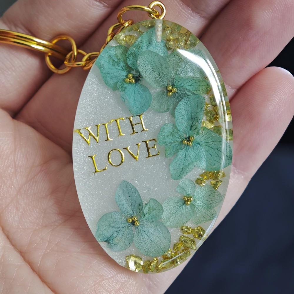 With Love Real Pink Hydrangea Keychain, Gold Script Flower Charm, Botanical Gift