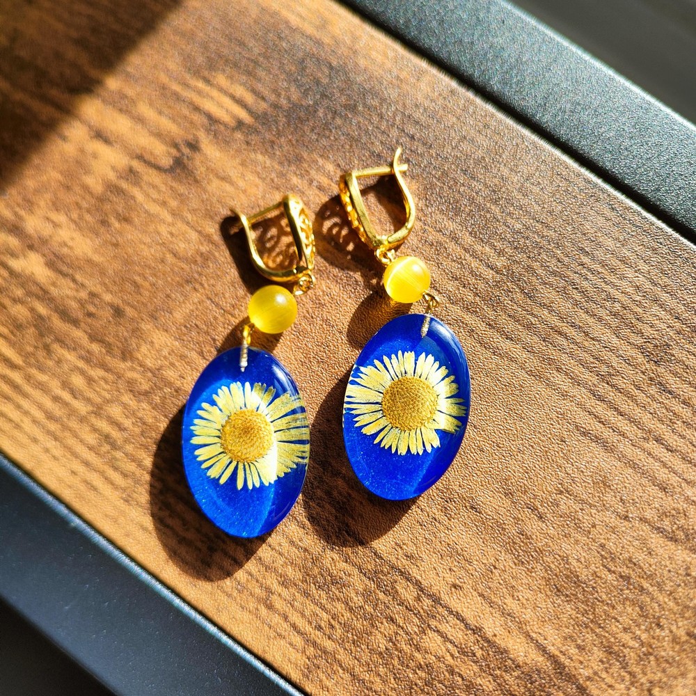 Dried Flower Resin Earrings with Yellow Daisy in Blue Resin, Botanical Jewelry