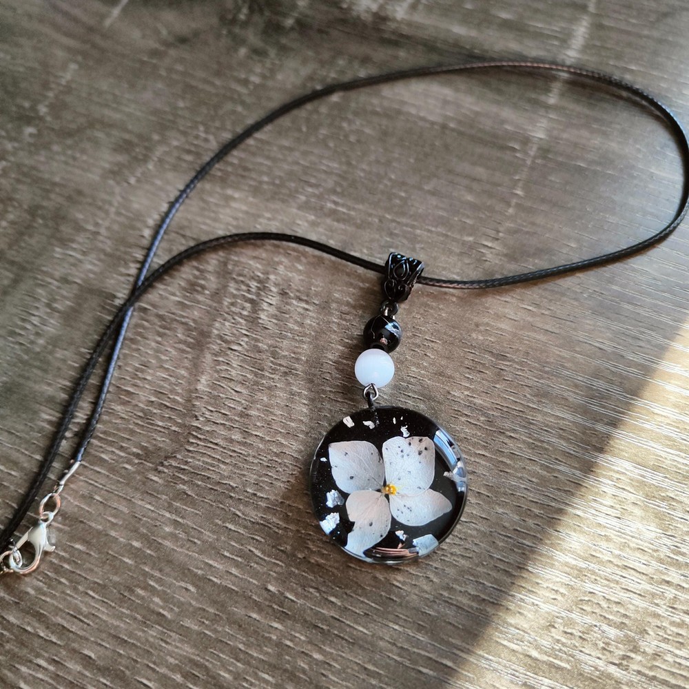 Orange Hydrangea Necklace, Black Resin Pendant, Gold Flower Jewelry, Statement Piece