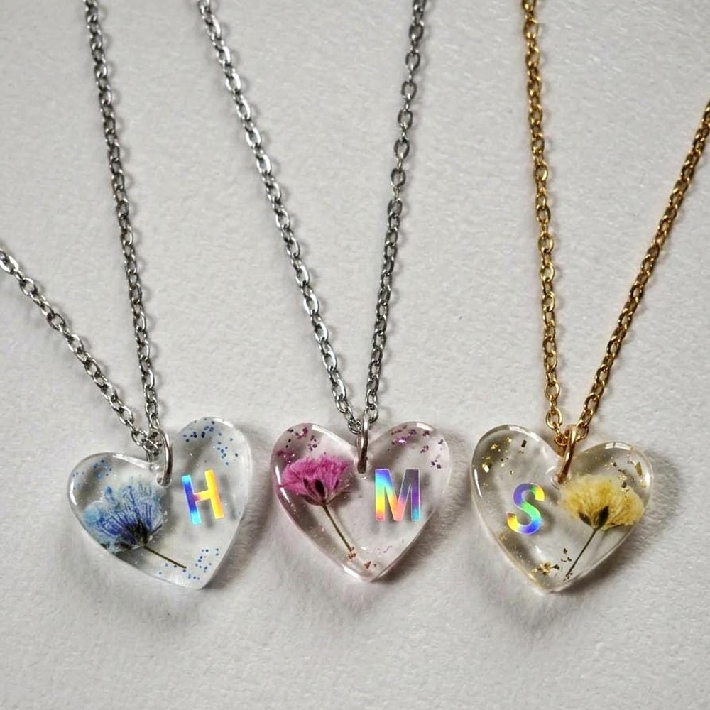 Custom Heart & Flower Necklace — Holographic Initial with Real Baby's Breath Birthday Gift for Her