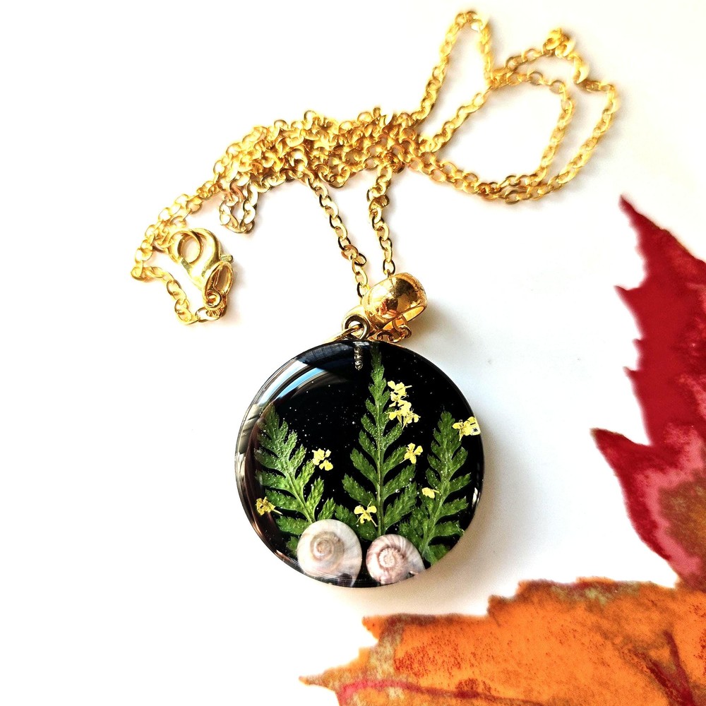 Jewelry Pendant with Fern, Snail Shell, and Tiny Flowers, Resin Necklace Nature Gift