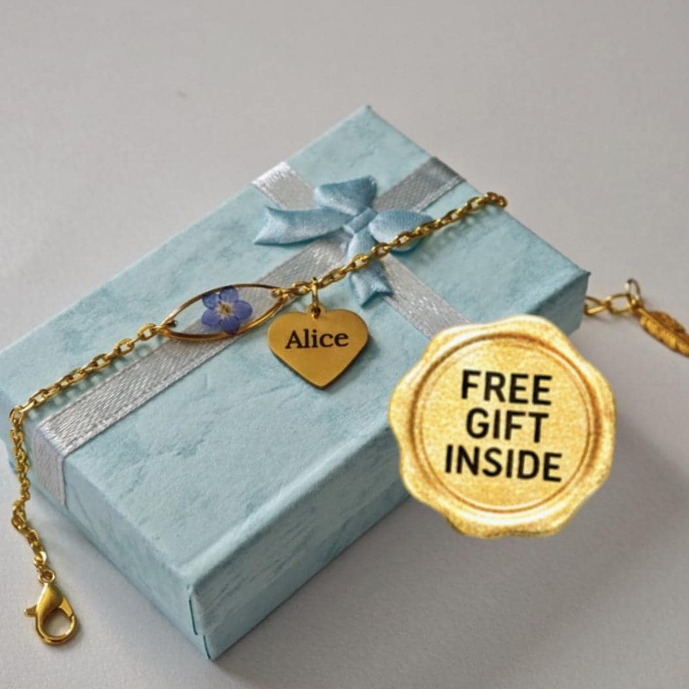 Forget-Me-Not Bracelet, Real Flower Memorial Gift, Pressed Blue Flower Gold Jewelry