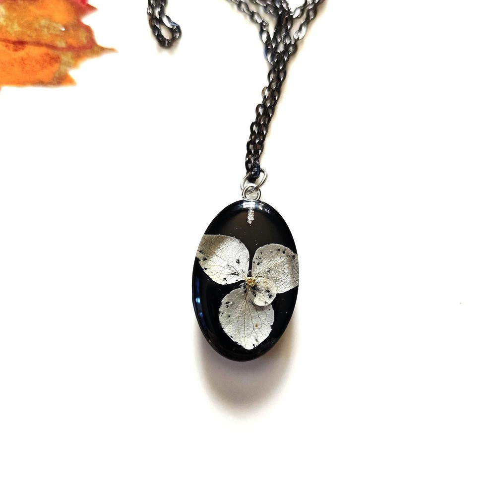 Real Flower Resin Pendant Necklace, Oval Botanical Jewelry, Orange Hydrangea