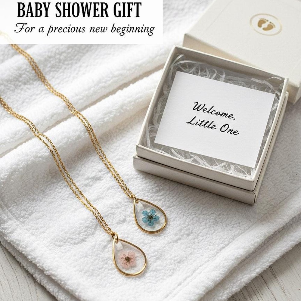 Teardrop Glass Necklace with Pink Blue Flowers, Personalized Mom Jewelry, Baby Shower Gift