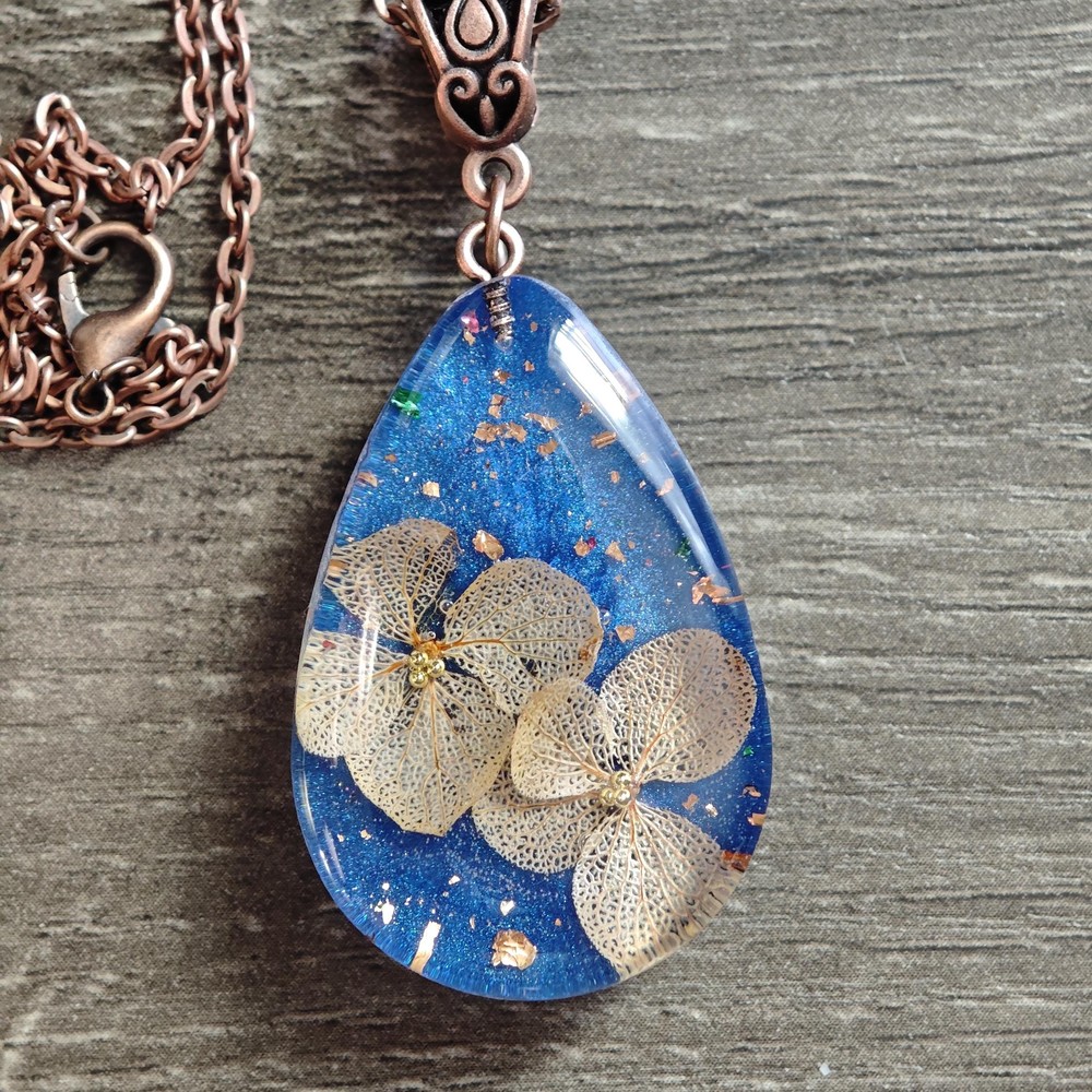 Resin Pendant with Brown Hydrangea, Handmade Teardrop Botanical Jewelry