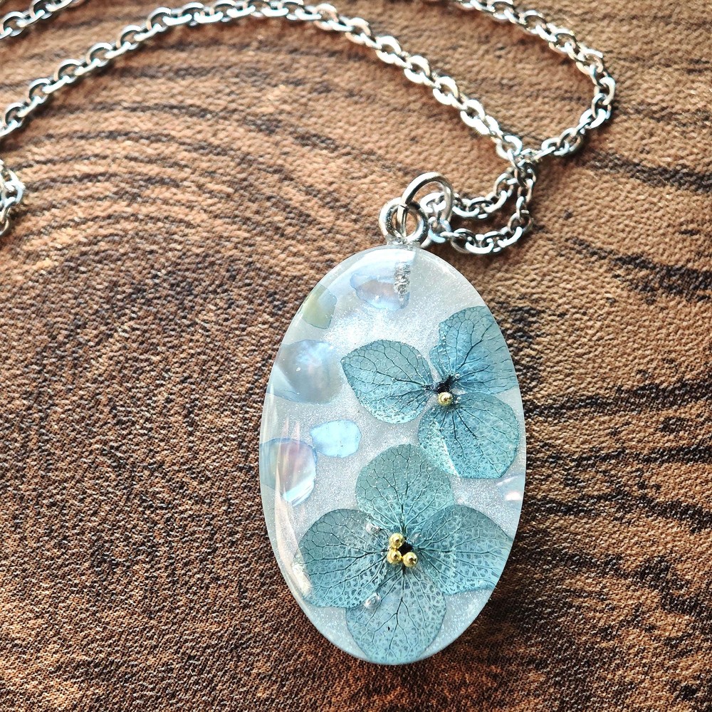 Real Blue Hydrangea Pendant Necklace Oval Botanical Jewelry Gift for Her